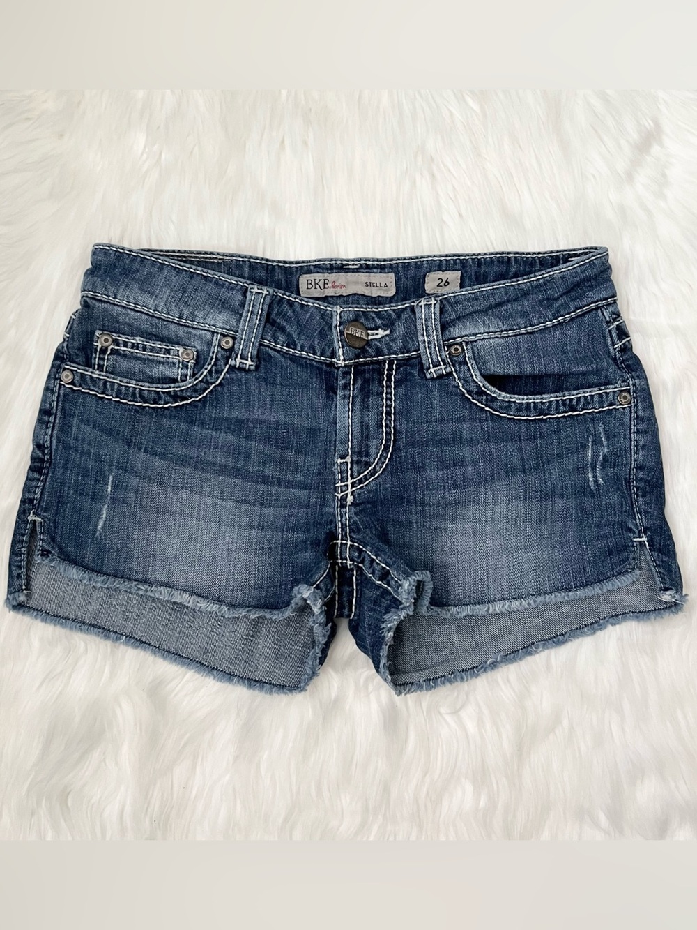 BKE Stella Blue Low Rise Denim Shorts With White Contrast Stitching